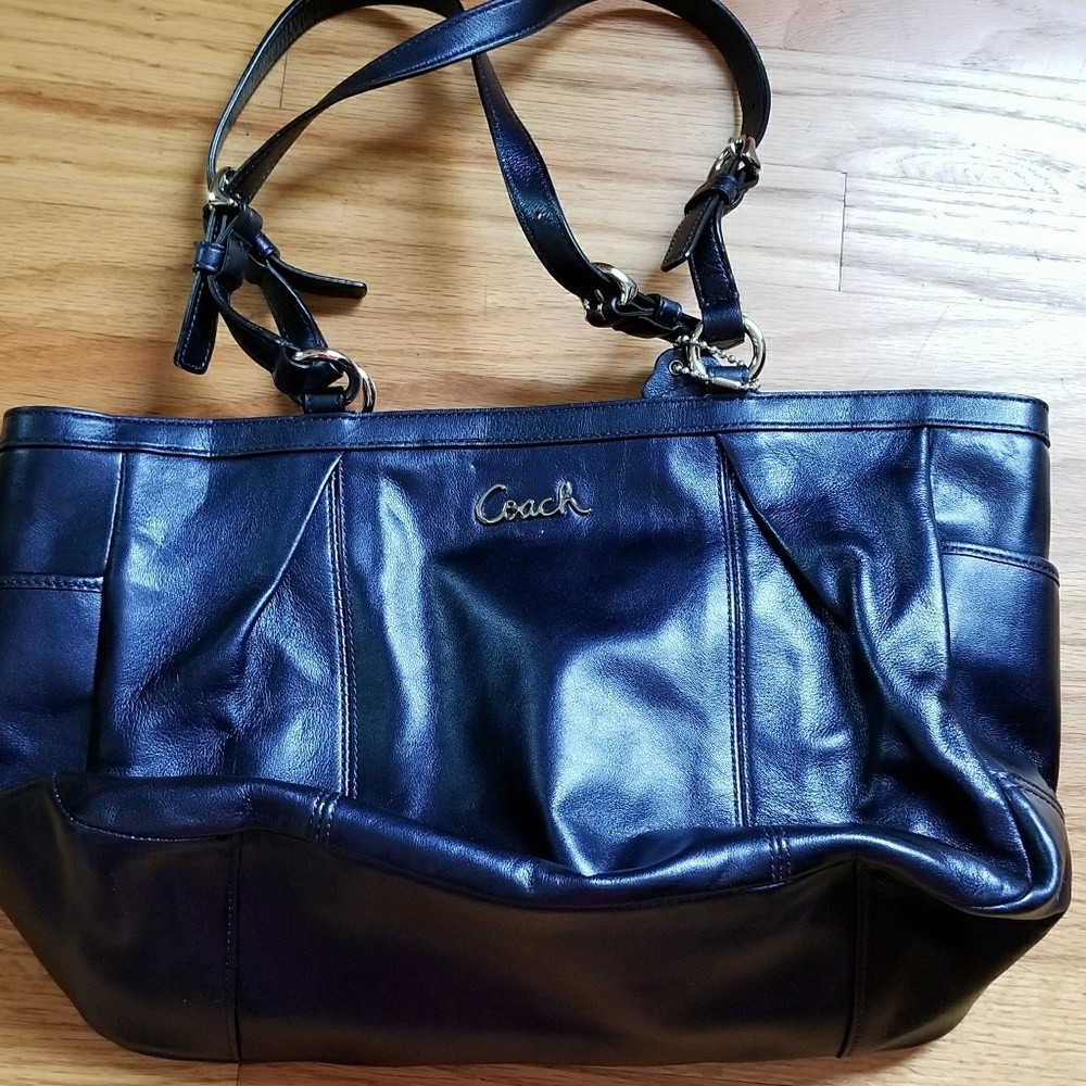 East/West dark blue leather tote